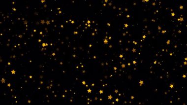 Siyah soyut arkaplan üzerine parlak altın yıldız parçacıkları düşen güzel bir döngü çemberi. 4K kusursuz döngü yeni yıl temalı arkaplan