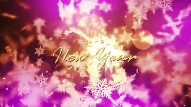 新年快乐 金色的文字闪烁着明亮的动画与美丽的闪光雪花和爆竹烟火电影片名的抽象背景 元旦片名介绍节装饰庆祝 — 图库视频影像