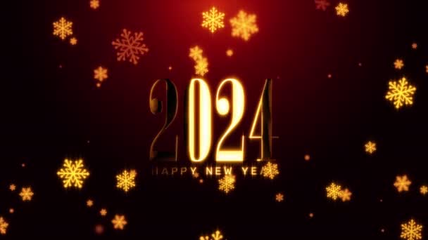 2024 Frohes Neues Jahr Goldener Lichtschein Text Mit Leuchtenden Schneeflocken — Stockvideo