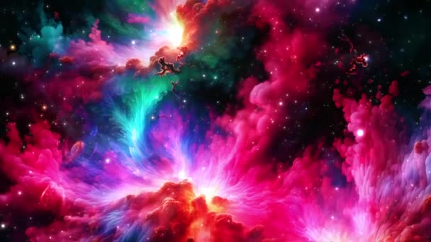 在深空中 环空旅行以抽象的外星粉色绿色星云的方式 为科幻背景的电影抽象发光粒子 3D无缝环Sci Fi空间飞行 发射能量气体尘埃星云 — 图库视频影像