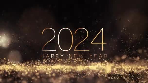 2024年新年快乐金色文字 带有黑色抽象背景下的Bokeh和金色粒子波和闪光的电影片名动画 — 图库视频影像