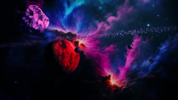 太空旅行以抽象的深蓝色星云的方式与外星行星和许多太空岩石在深空电影抽象背景 3D无缝环Sci Fi空间飞行 发射能量气体尘埃星云 — 图库视频影像