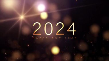 Yeni Yıl 2024 Altın Akış Bokeh parçacıkları ve en üstteki işaret fişeği ışıklarıyla sinematik başlıklı soyut arkaplanlı ateş çalışmaları içeren mutlu yıllar. Yeni yıl temalı arka plan kutlama etkinliği, kış Noel 'i