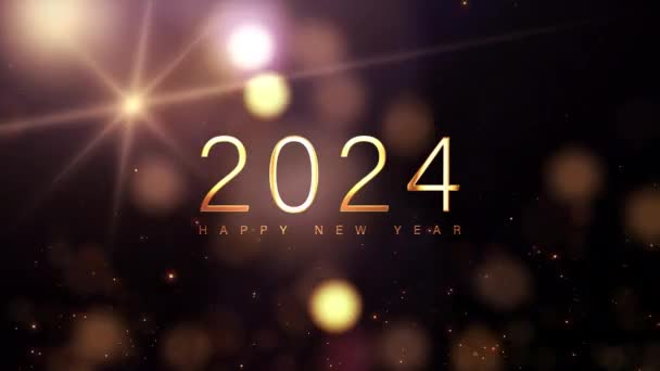 Yeni Yıl 2024 Altın Akış Bokeh Parçacıkları Üstteki Işaret Fişeği — Stok video
