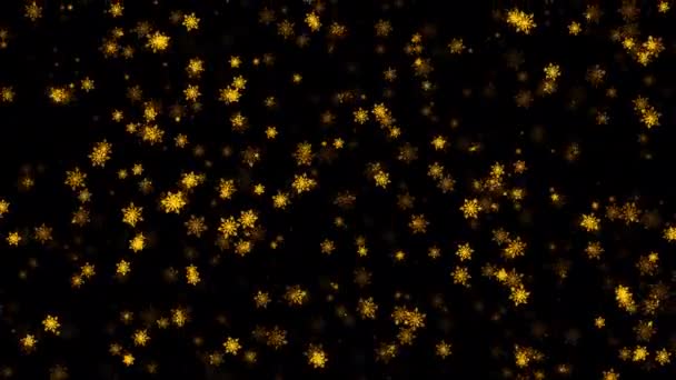 Loop Flow Falling Glow Gold Snowflakes Black Abstract Background Animation — Stock Video