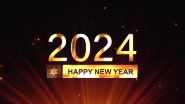 2024 Mutlu Yıllar. Altında ışık ve akış olan yeni yıl yazıları siyah soyut arkaplan üzerine sinematik başlık animasyonu.,