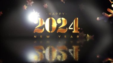 2024 Mutlu Yıllar altın metni, parlak kar taneleri gibi güzel, soyut bir isimle aydınlık animasyon parlıyor. Yeni yıla giriş festivali dekorasyonu.