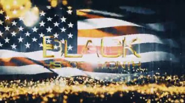 Siyah Tarih Ayı ABD bayrağının salladığı altın metin desen ve bokeh ve altın parçacıkları siyah sinema soyut başlık arkaplanı üzerinde animasyon