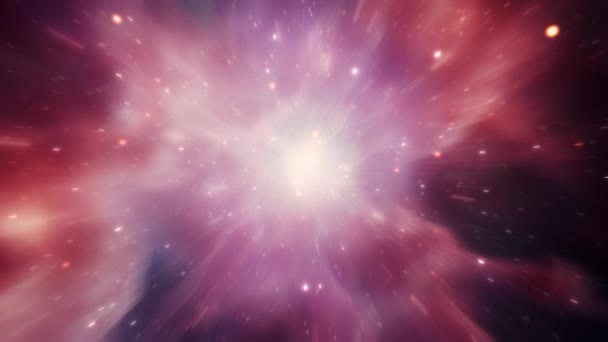 环空飞行穿过美丽的粉色橙色紫色云雾超音速太空旅行抽象科幻小说背景 — 图库视频影像