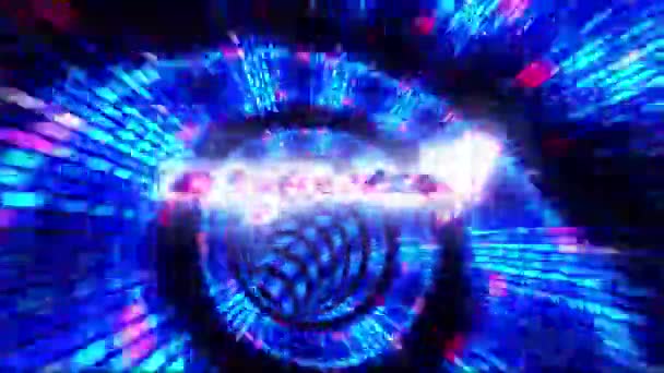 你准备好了吗 在隧道的科学 闪烁着蓝色红色电影片名的背景中 摘要中闪烁着光芒 — 图库视频影像