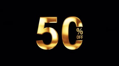 Altın metin parlama döngüsü başlığında% 50 indirim. QuickTime Alpha Channel ProRes 4444 ve altın ışık döngüsü kullanılarak izole edilmiş üç boyutlu bir kelime. Satış% 50 altın metin döngüleme elementi co