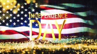 Bağımsızlık Günü ABD bayrakları siyah soyut arkaplan üzerinde altın parçacıkları ve bokeh desenleri sallıyor, Amerikan bayrağı. 4K 3D Grunge ABD bayrağının dalgalanan videosu