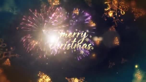 Wesołych Świąt Animowane Migoczące Złoty Tekst Latające Choinki Fajerwerki Ciemnym — Wideo stockowe