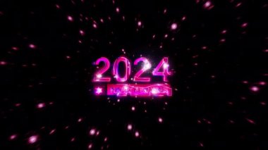 2024 Mutlu Yıllar Pembe Parlak Neon metin efekti Sinematik başlık Karavan animasyon arkaplanı. 