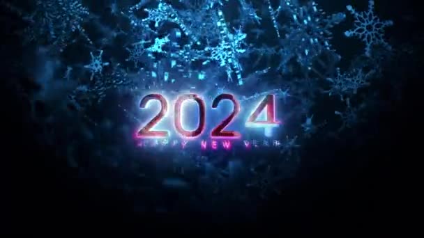2024 Gelukkig Nieuwjaar Gloeit Tekst Met Vallende Gloed Sneeuwvlokken Flare — Stockvideo