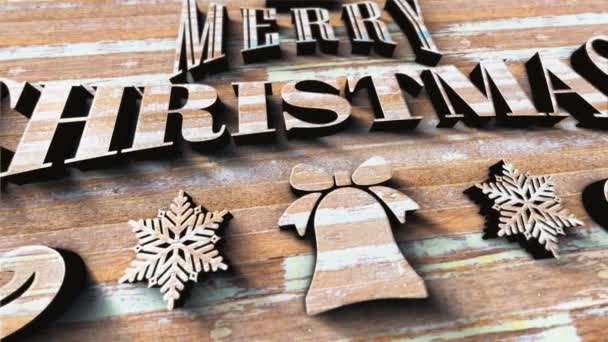 メリークリスマス3D木質テクスチャ映画タイトル抽象的な背景 エンドスケンス トレーラーの冬の雪 クリスマスおよび新年のイベントの背景のための終わりのカバー — ストック動画