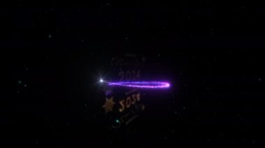 Altın Metin 2024 Mutlu Yıllar Mor parıldayan sihirli parçacıklar ile kutlayalım animasyon başlığı arkaplanı. Mutlu yıllar animasyon açılışı.. 