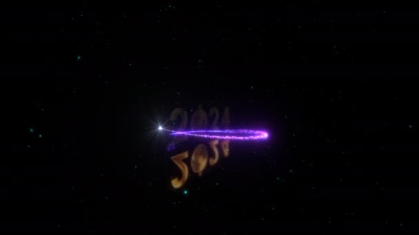 ゴールデンテキスト 2024 新しい年の映画タイトルの抽象的な背景のための美しい輝く紫色の輝く魔法の粒子アニメーションが付いているクリスマスボール 幸せな新年オープニングアニメーションの背景 — ストック動画