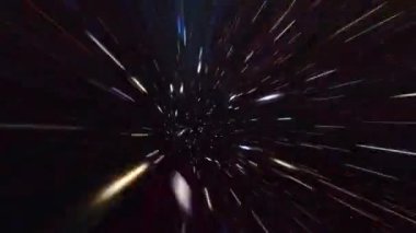 Fütürist bilimkurgu gerçeklik tüneli arka planında koyu mavi hiper uzay warp uçuşu. 4K 3D renkli bilim-kurgu uzay yolculuğu kavramı. Soyut bilim ışınlaması 