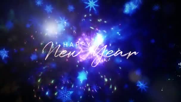 Gelukkig Nieuwjaar Gloeien Tekst Met Vallende Gloed Blauwe Sneeuwvlokken Een — Stockvideo
