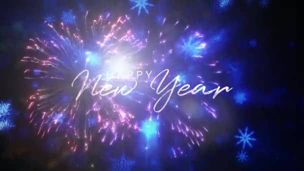 Gelukkig Nieuwjaar Gloeien Tekst Met Vallende Gloed Blauwe Sneeuwvlokken Een — Stockvideo