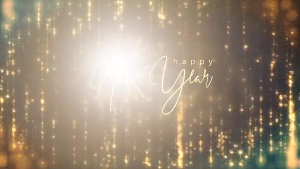 2023 Gelukkig Nieuwjaar Filmische Titel Met Goud Glinsterende Deeltjes Vuurwerk — Stockvideo