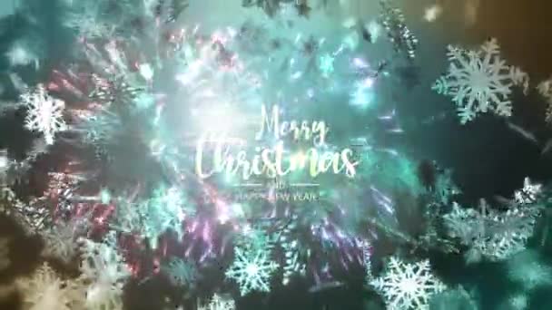 Merry Christmas Happy New Year Gold Text Falling Glow Snowflakes — Stock Video