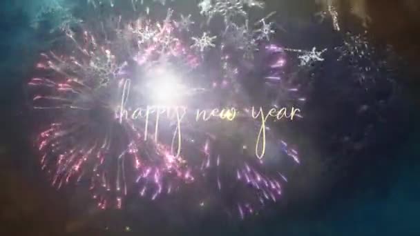 Gelukkig Nieuwjaar Gouden Tekst Met Vallende Gloed Sneeuwvlokken Vlammen Licht — Stockvideo