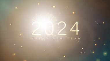 2024 Mutlu Yıllar Sinematik Başlık Animasyon Altın Parıltı Havai fişek altın bokeh parçacıkları ve işaret fişeği ile siyah zemin üzerinde titreyen metin. 