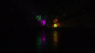 Siyah soyut arkaplanda noel balosu animasyon animasyonu başlığıyla mutlu yıllar. Karavan kış karı, Noel ve Yeni Yıl etkinliği için kapak sona eriyor. 