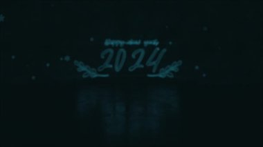 2024 Mutlu Yıllar Parlak Parlak Parlak Lazer Metin Animasyon Bozukluğu Düşen Kar Taneleri Parçacıkları Siyah Soyut Arkaplanda Sinema Parçacıkları
