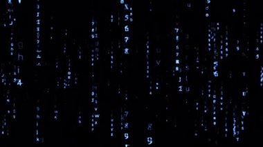 4K soyut döngü siyah arkaplan animasyonunda düşen mavi neon dijital metin matrisi biçimi bulanıklaştırılmış. Hızlı zaman prores 444 kullanarak izole edilmiş şeffaf video animasyon metin alfa kanalı