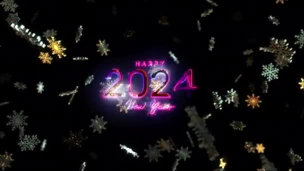 2024 Szczęśliwego Nowego Roku Blask Różowy Neon Tekst Opadających Płatków — Wideo stockowe