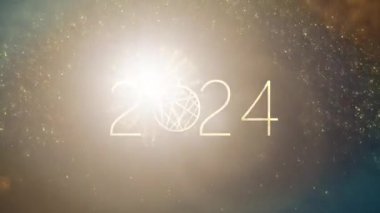 2024 Mutlu Yeni Yıl Altın Metinleri, düşen kar taneleri ve hafif havai fişeklerle sinematik başlık arkaplanı. Mutlu yıllar 2024 kış ışığı. Şenlikli arka plan konsepti..