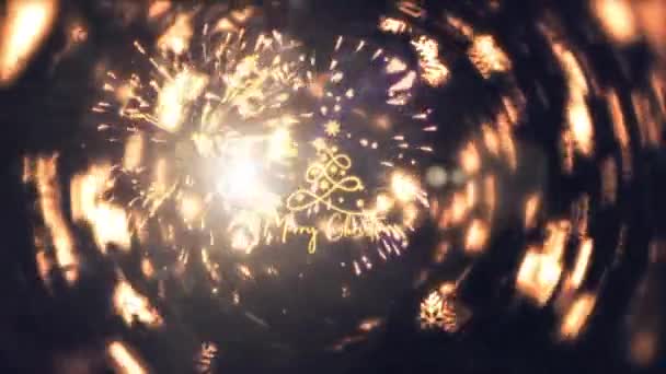 Feliz Natal Celebração Texto Saudação Ouro Com Fogos Artifício Flocos — Vídeo de Stock
