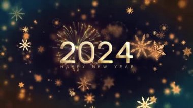 2024 Yeni Yıl Altın Metni, güzel kar tanesi akışı ve havai fişeklerle aydınlık animasyonlar parlatıyor. Sinema soyut başlığı. Yeni yıla giriş festivali dekorasyonu.