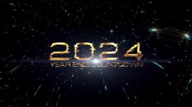 2024 Mutlu Yeni Yıl Sonu Geri sayımı siyah soyut arkaplan üzerine düşen ışıltılı parçacıklar sinematik başlıklı altın metin parlıyor. 