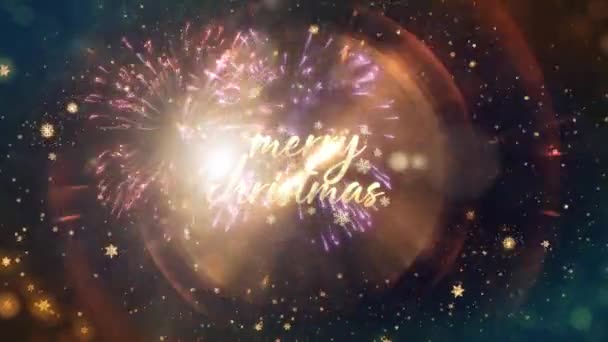 Boldog Karácsonyt Szöveg Videó Üdvözlő Kártya Világító Hópelyhek Részecskék Tűzijáték — Stock videók