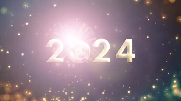 2024 ブラック抽象的な背景に輝く星とフレアライトバースト花火の映画タイトルアニメーションで明るい黄金のテキストスノーボール — ストック動画