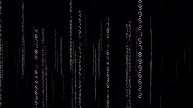Siyah arkaplan animasyonu üzerindeki soyut döngü bulanıklaştırılmış beyaz rastgele sayısal metin matrisi biçimi. 