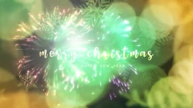 Mutlu Noeller ve mutlu yıllar altın renkli metinler parlak ışık animasyonları güzel altın kar taneleri arka planda ve havai fişek parıltısı ışık saçan sinema soyut arka planda. Yeni yıl giriş festivali