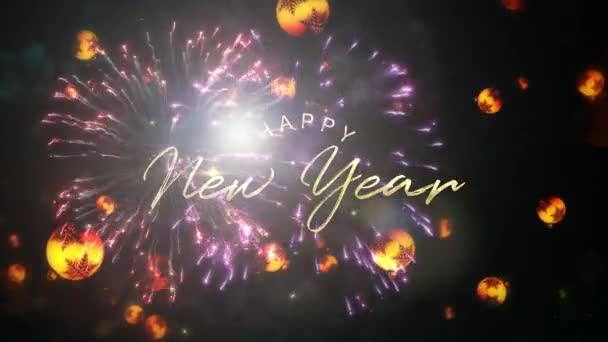 Поздравляем Новый Год Золотым Текстом Золотым Шаром Эффектом Вспышки Фейерверка — стоковое видео