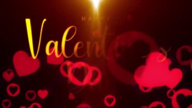 Animation Happy Valentines Day golden text with flying red hearts and flare light cinematic title abstract on black background.  4K 3D romantic Valentines day Gold Text Titles Greeting VDO footage.