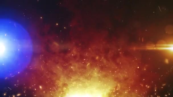 Blauorangefarbene Optische Linsenflare Animation Mit Rauchwolke Und Strömenden Feuerpartikeln Abstrakt — Stockvideo