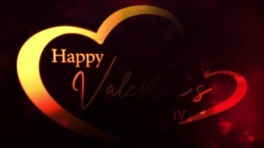 Kalp şeklinde Sevgililer Günü 'nüz kutlu olsun. Kırmızı kalp akışı üzerine altın yazılar. Soyut başlık.  