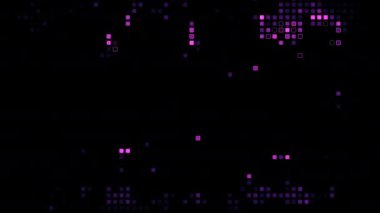 Parlak pembe mozaik piksel LED dijital ızgara siyah soyut arka planda animasyonu aydınlatır. Parlak projektörler yanıp sönen bilgisayar teknolojisi ışıkları. Soyut açık mavi pikselli mozaikler.