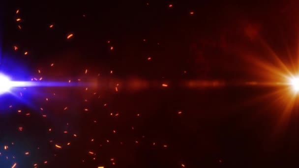 Blauer Orangefarbener Optischer Linsenblitz Mit Flow Feuerpartikelanimation Auf Schwarzem Abstrakten — Stockvideo