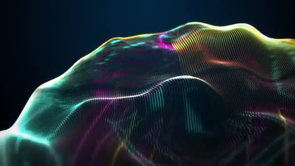 ループ3D抽象技術オブジェクトは 暗い背景でネオン多色のテクスチャライト宇宙オブジェクトを波に — ストック動画