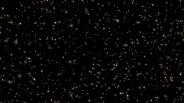 在黑色抽象背景下 垂直环状Vdo发光多彩星粒子从光耀斑动画中下落 — 图库视频影像