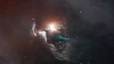 Galaksi uzay keşif nebulası FSTau yıldız sistemine seyahat eder. - Evet. 4K parlayan nebula, bulutlar ve yıldız alanlarında uçmanın döngüsel animasyonu. 
